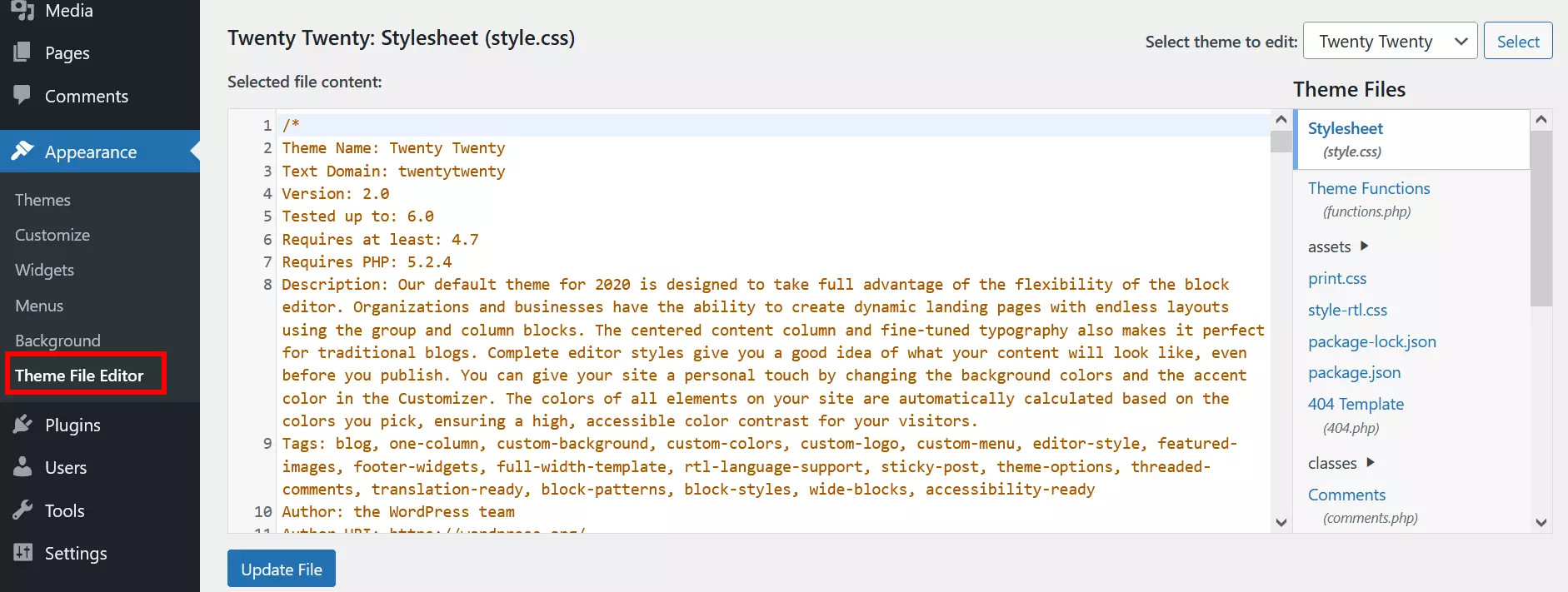Image: Screenshot of Theme File Editors in WordPress dashboard